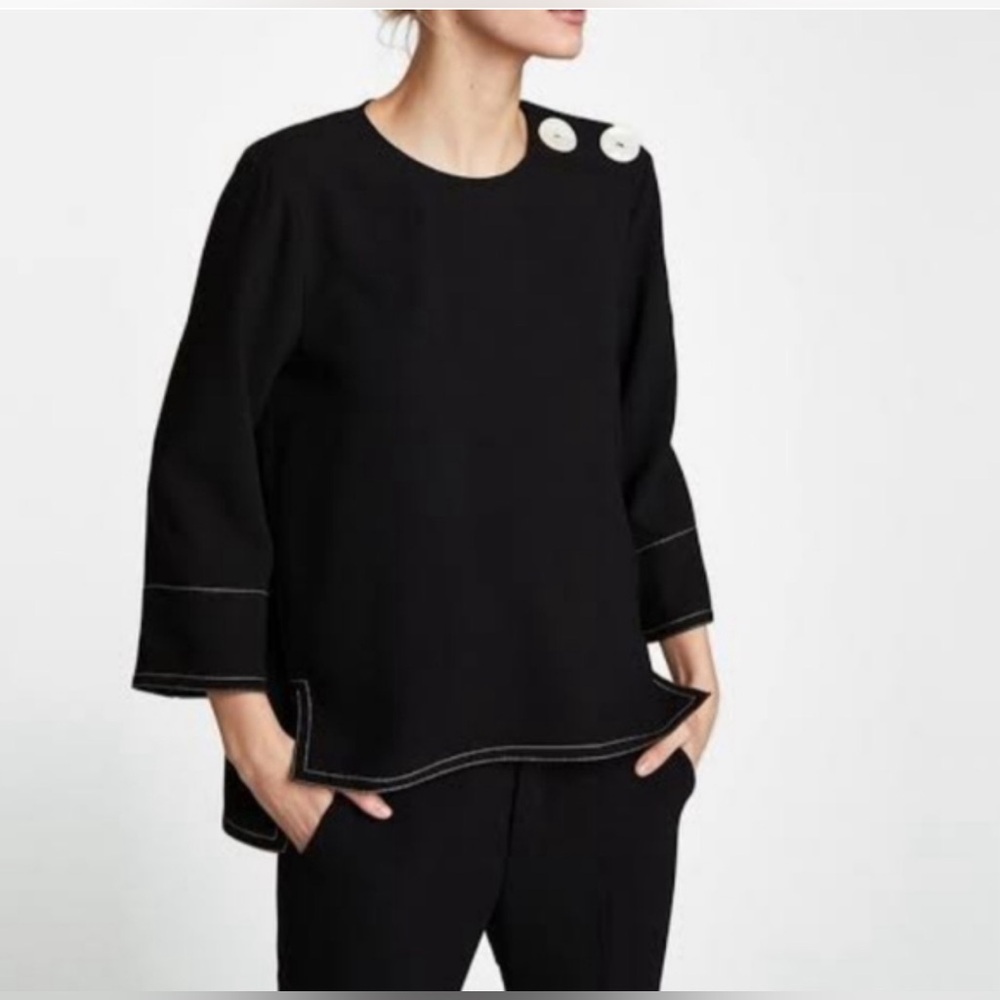 Zara Black Linen Blouse XS NWT White Button Detail Chic Minimalist